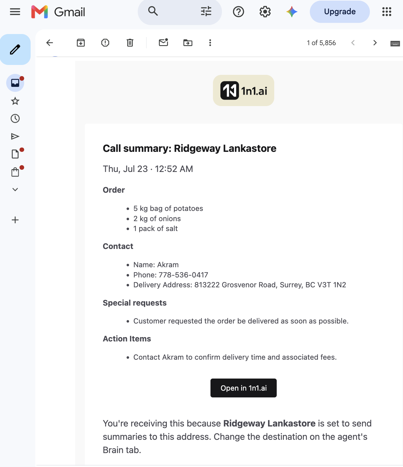 Call 1 summary: the original delivery order.