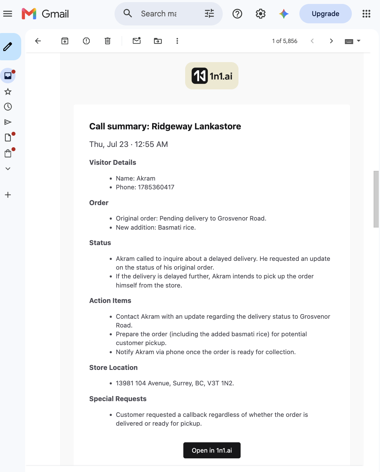 Call 2 summary: it remembered. Notes the original order plus the new basmati rice, and that he may pick up.