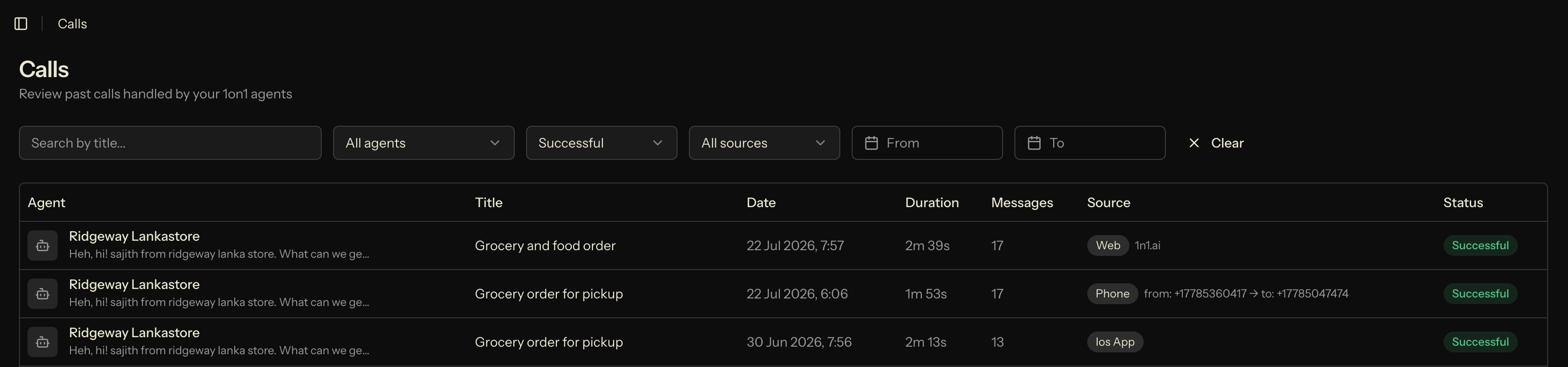 Calls dashboard showing phone, web, and app calls