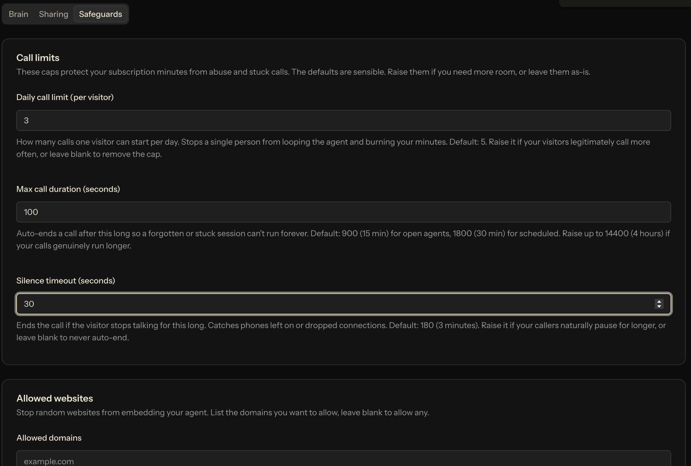 The three tunable limits on the Safeguards tab: daily calls per visitor, max call duration, and silence timeout.